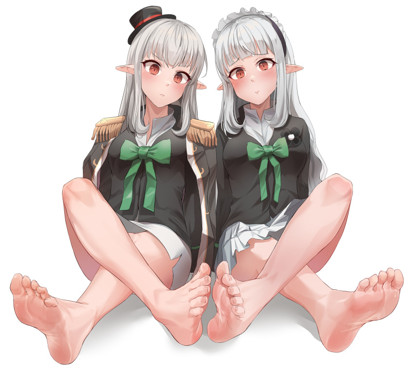 2girls absurdres bare_legs barefoot black_jacket breasts character_request dungeon_and_fighter feet hat highres jacket legs licking long_hair long_sleeves looking_at_viewer maid_headdress multiple_girls no_shoes panties pharamacom pointy_ears red_eyes silver_hair skirt socks soles toes underwear yuri