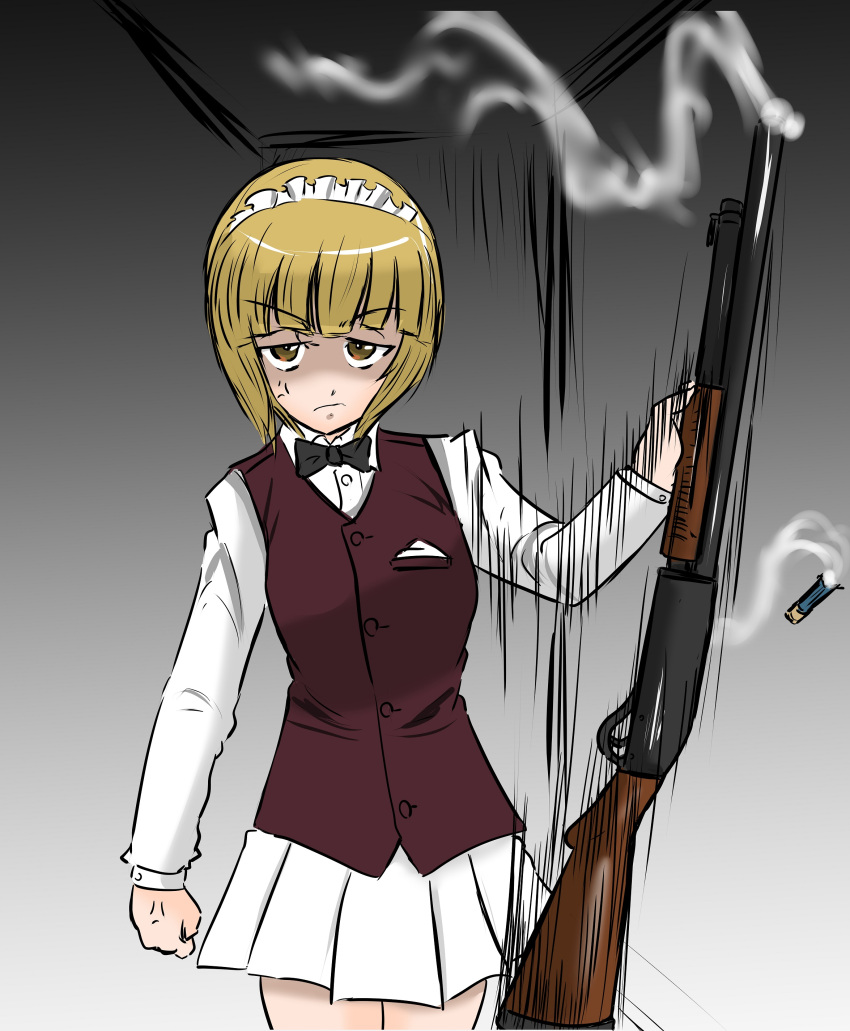 1girl absurdres anger_vein bangs bartender black_neckwear blonde_hair blunt_bangs bob_cut bow bowtie brown_eyes brown_vest clenched_hand closed_mouth commentary cowboy_shot cutlass_(girls_und_panzer) dress_shirt eyebrows_visible_through_hair frown girls_und_panzer glaring gradient gradient_background grey_background gun highres holding holding_gun holding_weapon long_sleeves looking_at_viewer miniskirt moesenyukikaze motion_blur pleated_skirt school_uniform shirt short_hair shotgun shotgun_shells skirt smoke solo standing vest weapon white_shirt white_skirt wing_collar