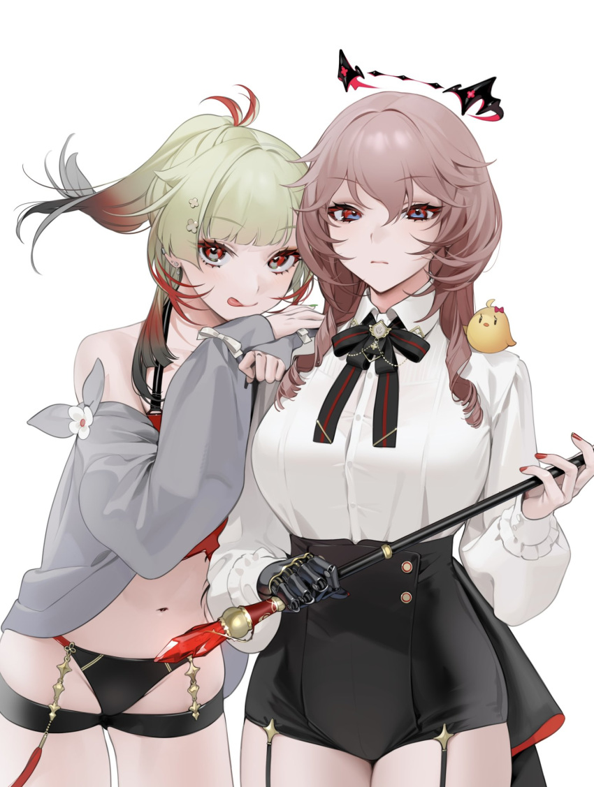 2girls :q azur_lane bangs bare_shoulders bird black_panties black_ribbon black_shorts buttons character_request commentary_request copyright_request double-breasted highres holding long_hair multiple_girls navel neck_ribbon ohisashiburi panties red_eyes red_ribbon ribbon shorts skindentation thigh_strap tongue tongue_out two-tone_ribbon underwear