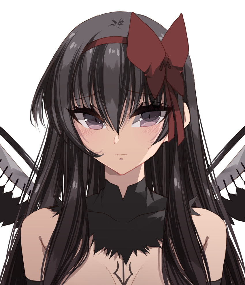 1girl absurdres akemi_homura akuma_homura bare_shoulders black_gloves black_hair black_wings blush bow choker close-up closed_mouth elbow_gloves embarrassed eyebrows_visible_through_hair feathered_wings gloves hair_between_eyes hair_bow highres long_hair looking_at_viewer mahou_shoujo_madoka_magica mahou_shoujo_madoka_magica_movie misteor portrait solo violet_eyes wavy_mouth white_background wings