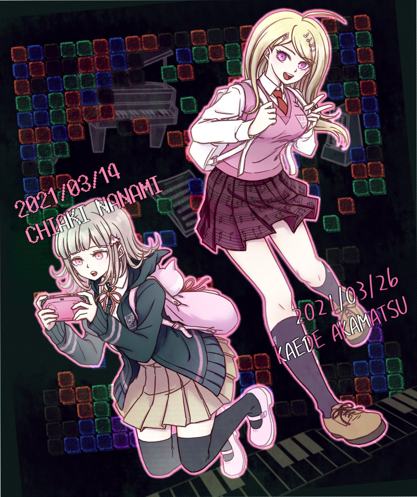 2girls :d ahoge akamatsu_kaede animal_bag backpack bag bangs black_legwear black_shirt blonde_hair breasts brown_background brown_footwear brown_hair brown_skirt cat_bag character_name collared_shirt commentary_request dangan_ronpa_(series) dangan_ronpa_2:_goodbye_despair dangan_ronpa_v3:_killing_harmony dated dress_shirt eighth_note eyebrows_visible_through_hair green_jacket hair_ornament hairclip highres holding_strap hood hooded_jacket instrument jacket keyboard_(instrument) kneehighs large_breasts legs_up long_hair long_sleeves looking_at_viewer medium_hair multiple_girls musical_note musical_note_hair_ornament nanami_chiaki neck_ribbon necktie open_clothes open_jacket open_mouth orange_neckwear piano pink_bag pink_eyes pink_footwear pink_vest pleated_skirt print_skirt ribbon ruu_nagase school_uniform shirt shoes skirt smile tetris thigh-highs vest violet_eyes white_shirt zettai_ryouiki