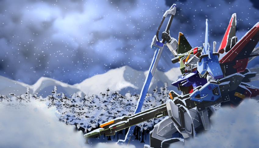 forest from_side gundam gundam_seed highres holding holding_sword holding_weapon kneeling mecha mechanical_wings mobile_suit mountain nature perfect_strike_gundam science_fiction shimashun snow solo strike_gundam sword v-fin weapon wings winter yellow_eyes