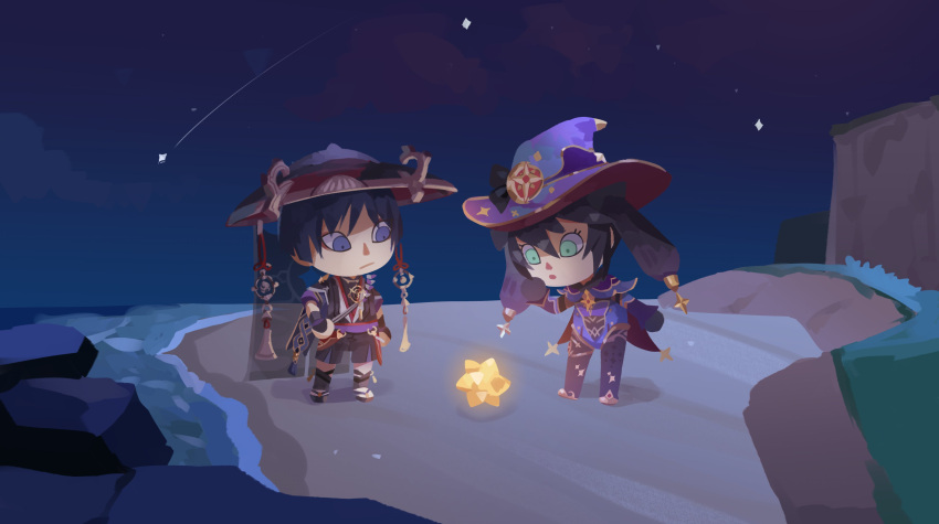 1boy 1girl absurdres animal_crossing beach blue_eyes blue_hair cape chibi genshin_impact green_eyes hat highres mona_megistus night night_sky prinzcake sandals scaramouche shorts sky star_(symbol) twintails witch_hat