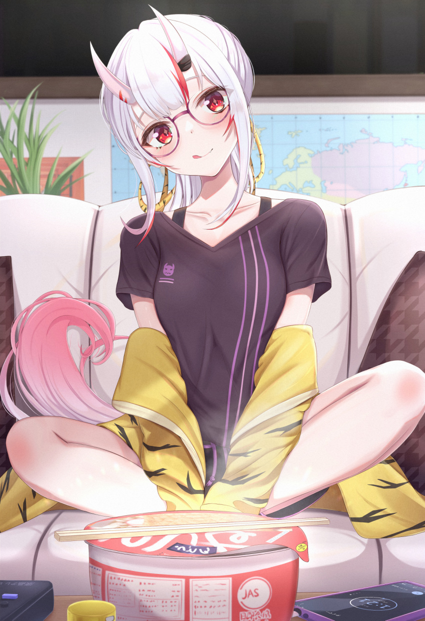 1girl :q black_shirt blush bra_strap cellphone chopsticks clothes_down commentary_request couch full_body glasses gradient_hair head_tilt highres hololive horns inaka_44 indoors jacket looking_at_viewer map multicolored_hair nakiri_ayame oni oni_horns phone ramen red_eyes redhead semi-rimless_eyewear shirt sitting smartphone solo streaked_hair table tongue tongue_out virtual_youtuber white_hair yellow_jacket