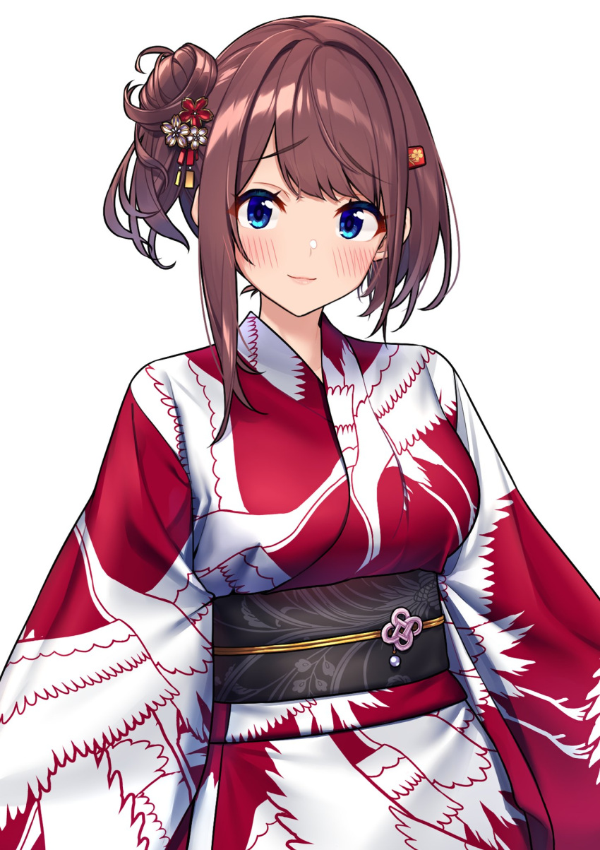 1girl alternate_hairstyle arms_at_sides asymmetrical_hair baffu blue_eyes blush breasts brown_hair closed_mouth cropped eyebrows_visible_through_hair hair_bun hair_ornament highres hitoyo_(baffu) japanese_clothes kimono large_breasts light_smile lips looking_at_viewer medium_hair nail_polish obi original pink_nails sandals sash sidelocks simple_background upper_body white_background wide_sleeves