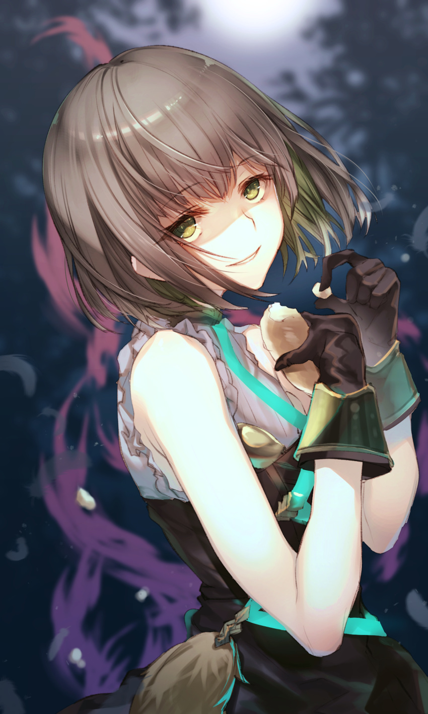 1boy bangs bob_cut bread brown_hair dress food gloves glowing green_eyes green_hair gretel_(sinoalice) grin highres holding holding_food looking_at_viewer male_focus multicolored_hair open_mouth sinoalice smile solo teroru two-tone_hair