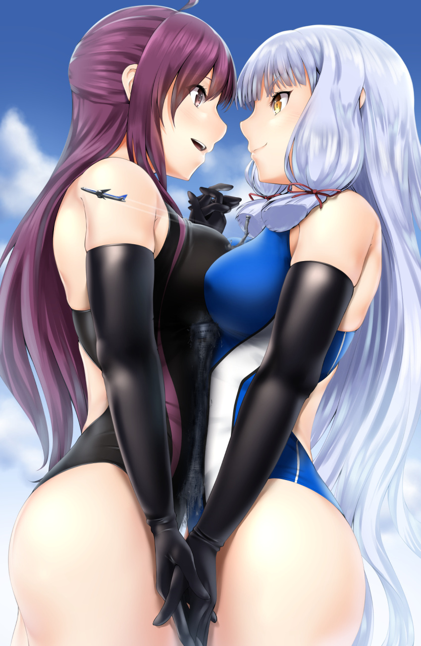 2girls aircraft airplane ass asymmetrical_docking bare_shoulders black_gloves blush breast_press breasts building closed_mouth competition_swimsuit destruction elbow_gloves giant giantess gloves hagikaze_(kancolle) hair_ribbon half_updo highres holding_hands interlocked_fingers kantai_collection long_hair looking_at_another medium_breasts multiple_girls murakumo_(kancolle) one-piece_swimsuit open_mouth purple_hair rakia_(ds00309) red_eyes ribbon silver_hair skyscraper smile swimsuit tokyo_sky_tree tress_ribbon very_long_hair violet_eyes white_hair yuri