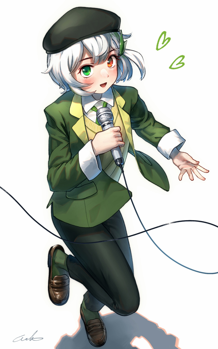 1girl :d absurdres androgynous bangs beret black_headwear black_pants borrowed_character brown_eyes brown_hair commentary_request green_eyes green_jacket green_legwear hair_ornament hairclip hat heart highres holding holding_microphone jacket long_sleeves looking_at_viewer microphone open_clothes open_jacket open_mouth original pants shoes short_hair silver_hair simple_background smile socks solo vest welt_(kinsei_koutenkyoku) white_background yellow_vest