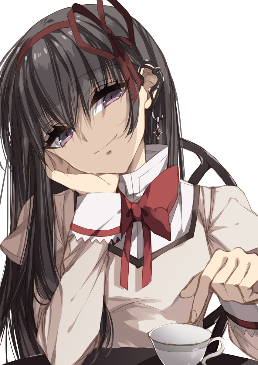 1girl absurdres akemi_homura black_hair bow cup earrings elbows_on_table eyebrows_visible_through_hair hair_bow hand_on_own_cheek hand_on_own_face head_rest highres jewelry juliet_sleeves long_hair long_sleeves looking_at_viewer mahou_shoujo_madoka_magica mahou_shoujo_madoka_magica_movie misteor mitakihara_school_uniform puffy_sleeves school_uniform sitting smile solo teacup violet_eyes