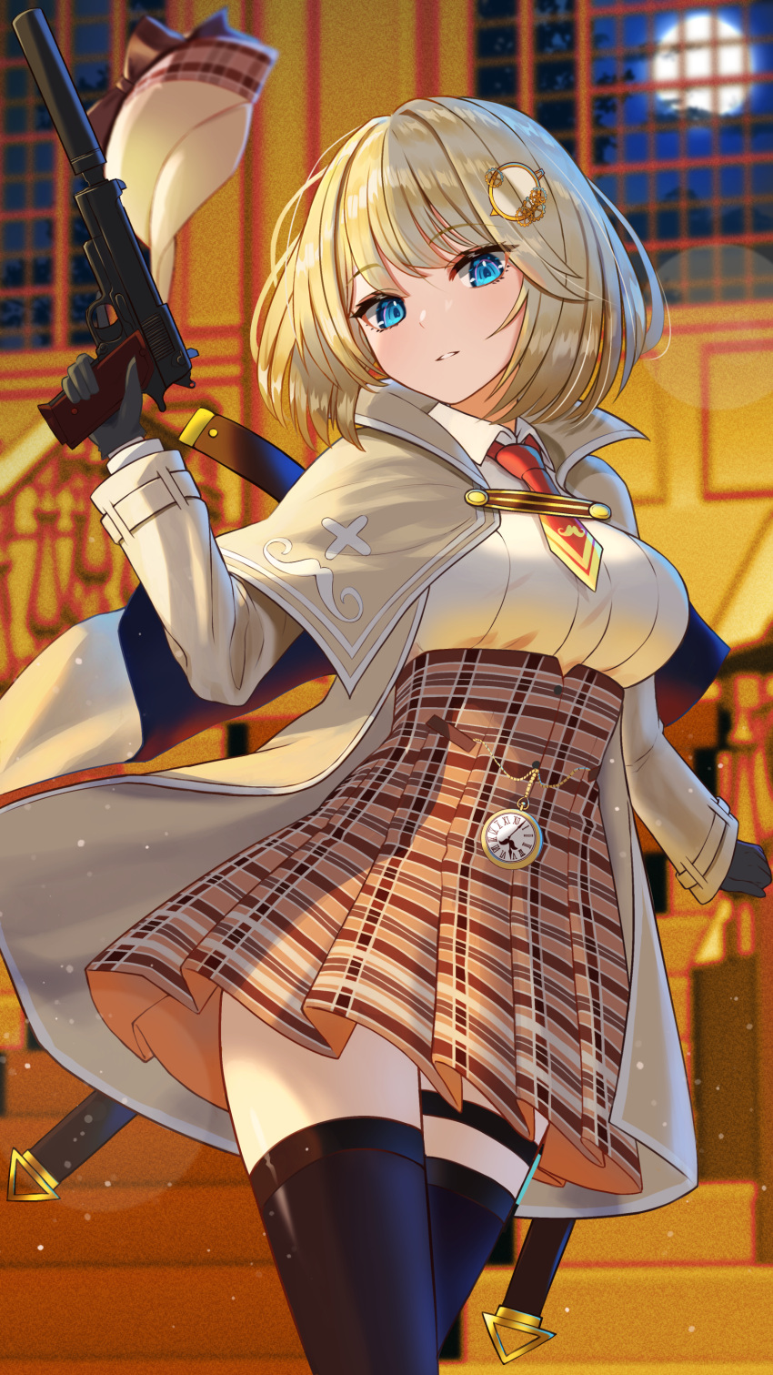 1girl absurdres bangs black_gloves black_legwear blonde_hair blue_eyes breasts brown_capelet brown_jacket brown_skirt collared_shirt commentary_request eyebrows_visible_through_hair gloves gun hair_ornament handgun highres holding holding_gun holding_weapon hololive hololive_english inari_(ambercrown) jacket long_sleeves medium_breasts medium_hair mixed-language_commentary monocle_hair_ornament necktie open_clothes open_jacket pistol plaid plaid_skirt pleated_skirt red_neckwear shirt skirt solo suppressor thigh-highs virtual_youtuber watson_amelia weapon white_shirt