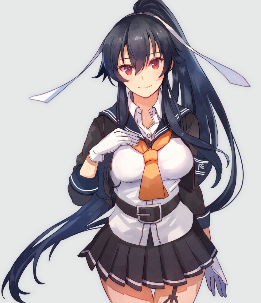 1girl belt belt_buckle black_belt black_hair black_sailor_collar black_skirt buckle closed_mouth collared_shirt cowboy_shot eyebrows_visible_through_hair gloves grey_background hair_between_eyes highres kantai_collection kasumi_(skchkko) long_hair long_sleeves necktie pleated_skirt ponytail red_eyes remodel_(kantai_collection) sailor_collar shirt simple_background skirt smile solo very_long_hair white_gloves white_shirt yahagi_(kancolle) yellow_neckwear