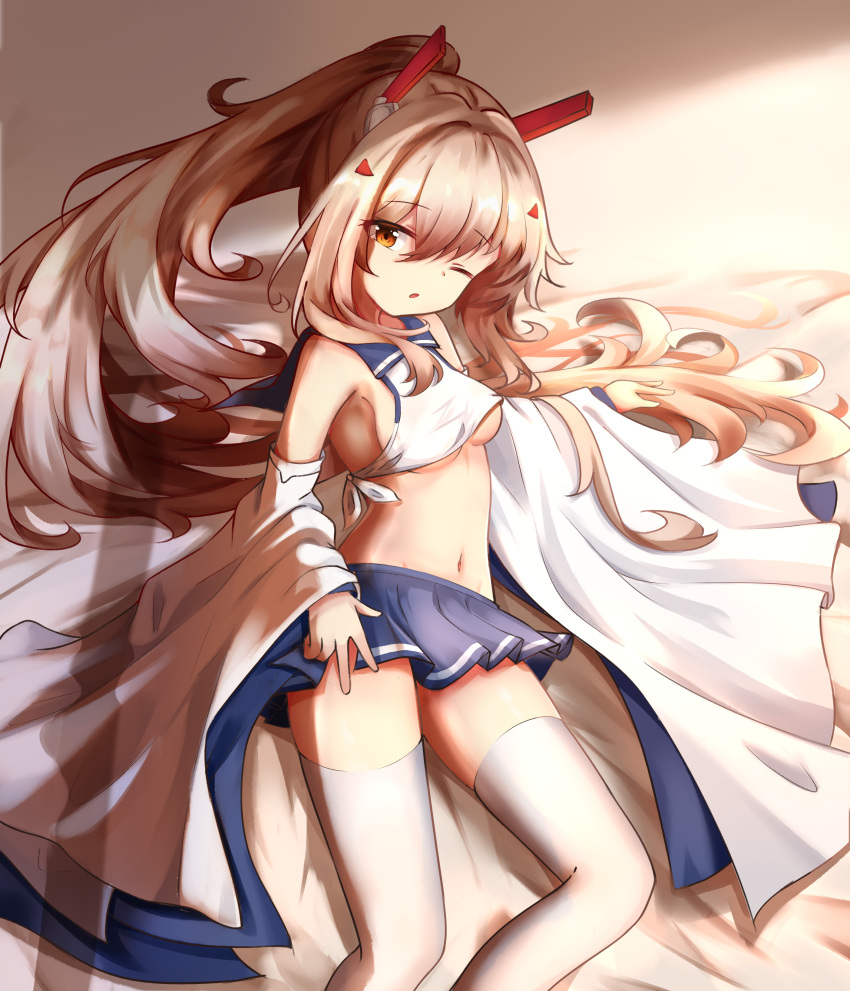 1girl absurdres arm_support ayanami_(azur_lane) azur_lane bangs bed_sheet blue_skirt commentary_request detached_sleeves eyebrows_visible_through_hair hair_ornament hairclip headgear highres juiceneko long_hair looking_at_viewer midriff navel one_eye_closed orange_eyes parted_lips pleated_skirt ponytail retrofit_(azur_lane) school_uniform serafuku sidelocks silver_hair skirt solo thigh-highs white_legwear wide_sleeves zettai_ryouiki