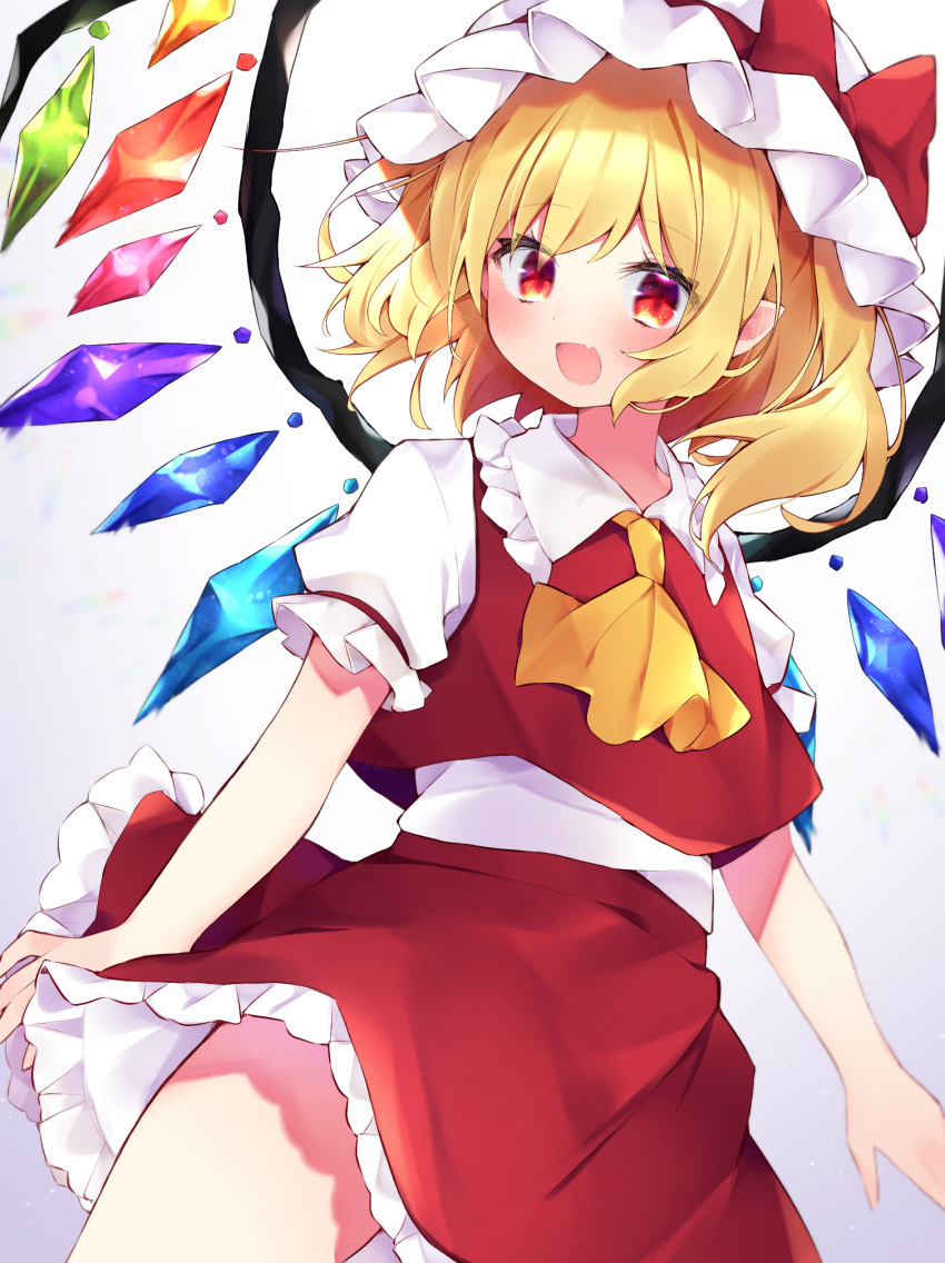 1girl :d ascot bangs blonde_hair bow cowboy_shot crystal eringikinono eyebrows_visible_through_hair fang flandre_scarlet frilled_shirt frilled_shirt_collar frilled_skirt frilled_sleeves frills hat hat_bow highres looking_at_viewer mob_cap one_side_up open_mouth puffy_short_sleeves puffy_sleeves red_bow red_eyes red_skirt red_vest shirt short_hair short_sleeves skin_fang skirt skirt_set smile solo standing touhou vest white_headwear white_shirt wind wind_lift wings yellow_neckwear