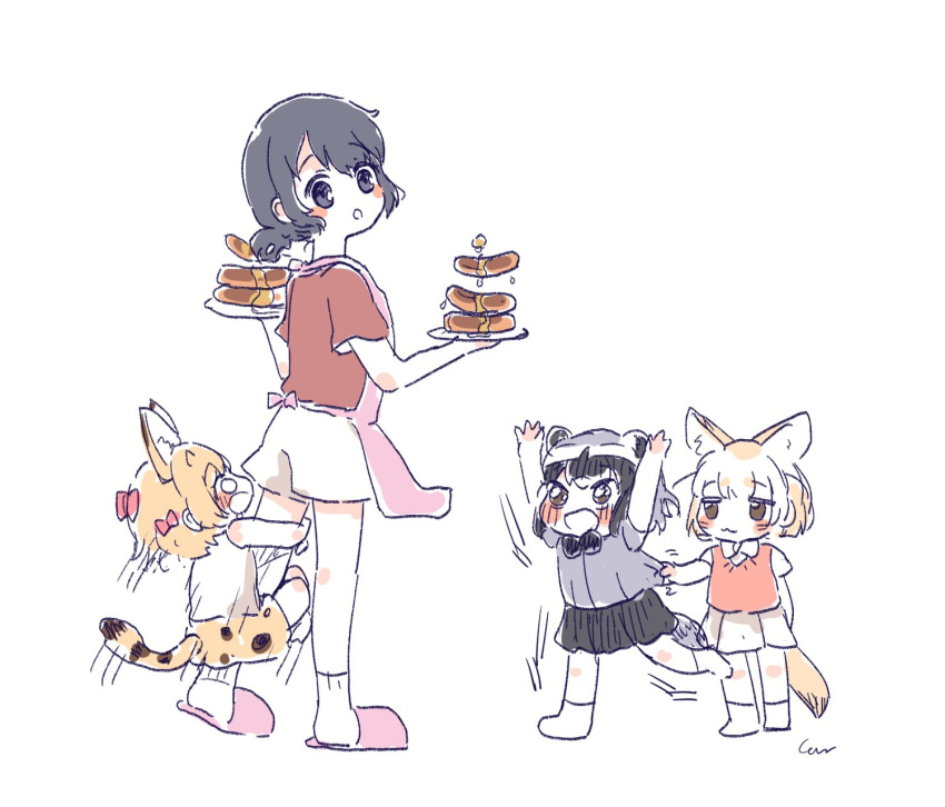 4girls :3 adapted_costume animal_ears apron black_hair black_neckwear blonde_hair blue_eyes blue_hair blue_shirt blush bow bowtie child common_raccoon_(kemono_friends) extra_ears eyebrows_visible_through_hair fennec_(kemono_friends) food fox_ears fox_girl fox_tail grey_hair hair_bow highres hug kaban_(kemono_friends) kemono_friends multicolored_hair multiple_girls no_shoes pancake pink_apron pink_shirt print_skirt raccoon_ears raccoon_girl raccoon_tail red_shirt san_sami serval_(kemono_friends) serval_ears serval_girl serval_print serval_tail shirt short_hair short_sleeves shorts skirt sleeveless slippers socks t-shirt tail tray two-tone_shirt white_legwear white_neckwear white_shorts younger