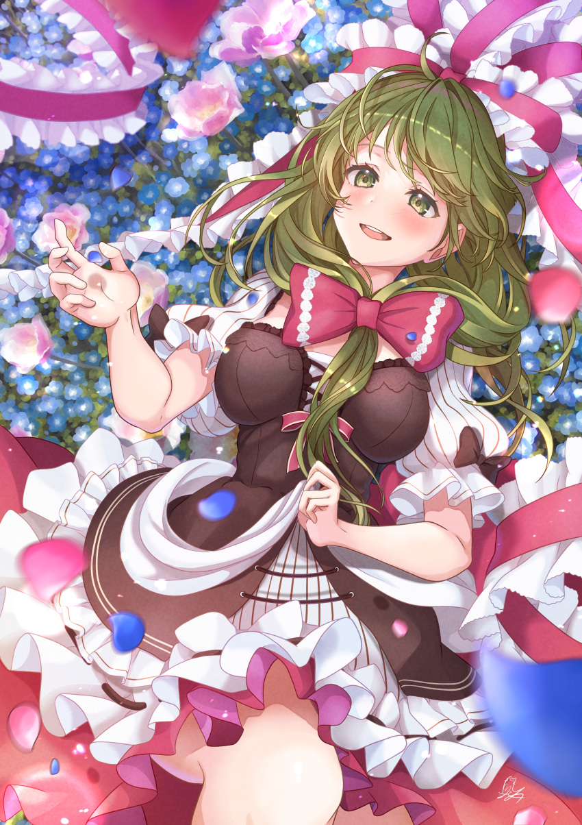 1girl :d absurdres bangs blue_flower blush bow breasts brown_dress dress eyebrows_behind_hair feet_out_of_frame floral_background flower flower_request forget-me-not_(flower) frills front_ponytail green_eyes green_hair hair_bow hand_up highres huge_filesize kagiyama_hina long_hair looking_at_hand lying medium_breasts on_back open_mouth pink_flower puffy_short_sleeves puffy_sleeves red_bow short_sleeves smile solo swept_bangs totomiya touhou