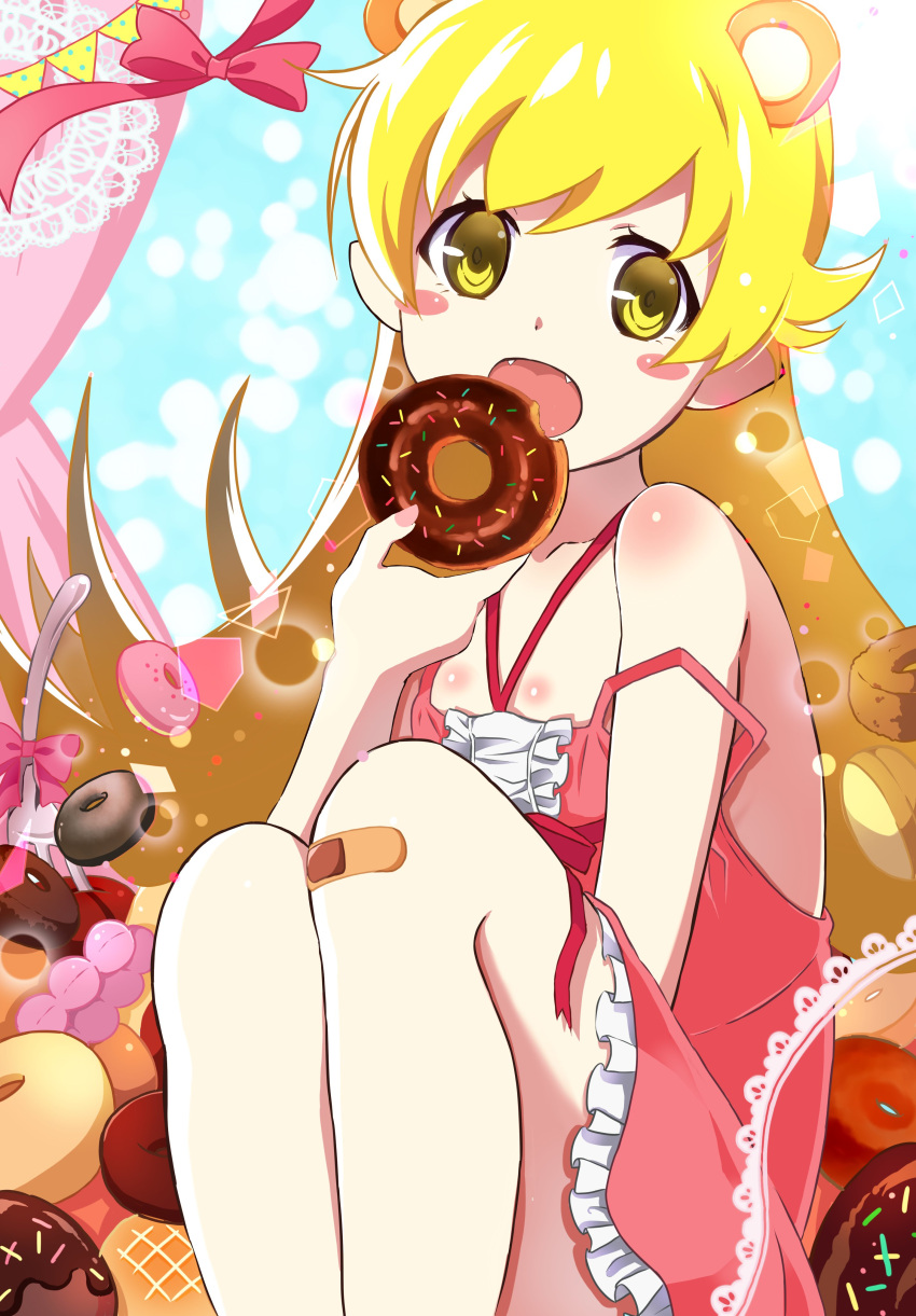 absurdres animal_ears bandaid bandaid_on_knee bear_ears blonde_hair blush_stickers doughnut fang food highres holding holding_food mashimaro_tabetai monogatari_(series) nail_polish oshino_shinobu pink pink_nails pink_ribbon ribbon strap_slip yellow_eyes