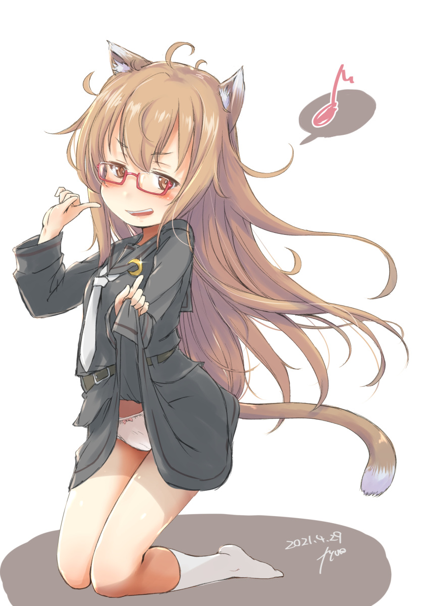 1girl absurdres animal_ears black_serafuku black_skirt brown_hair cat_ears cat_tail commentary_request crescent crescent_pin eighth_note fyuo glasses highres kantai_collection kemonomimi_mode kneeling lifted_by_self long_hair mochizuki_(kancolle) musical_note necktie panties red-framed_eyewear school_uniform serafuku simple_background skirt socks solo spoken_musical_note tail underwear white_background white_legwear white_neckwear white_panties