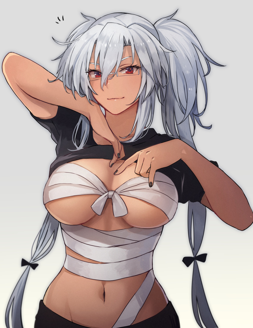 1girl black_nails black_shirt breasts closed_mouth fingernails glasses grey_background groin hair_between_eyes highres kantai_collection kasumi_(skchkko) large_breasts lifted_by_self long_hair musashi_(kancolle) nail_polish navel red_eyes sarashi shirt shirt_lift smile solo twintails under_boob upper_body white_hair