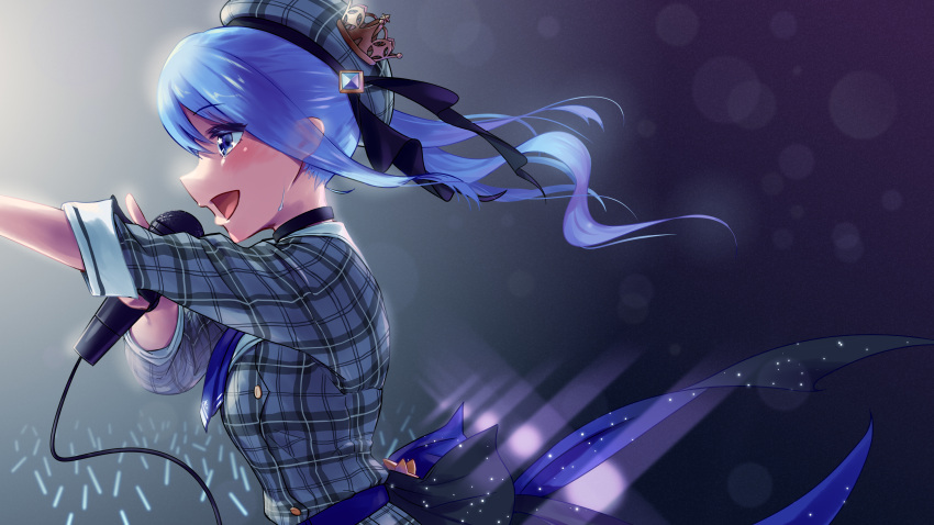 1girl absurdres ascot bangs beret black_choker blue_eyes blue_hair blue_nails blue_neckwear choker commentary_request eyebrows_visible_through_hair gloves glowstick hat highres holding holding_microphone hololive hoshimachi_suisei jacket microphone open_mouth otk partially_fingerless_gloves plaid plaid_jacket solo_focus star_(symbol) star_in_eye symbol_in_eye virtual_youtuber