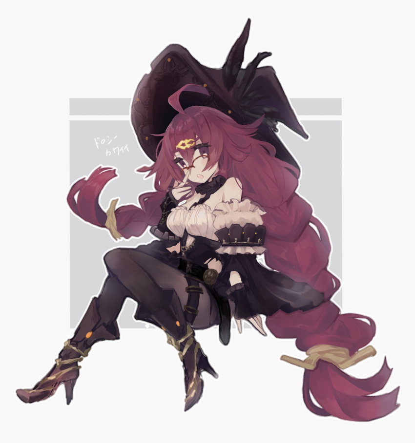 1225ka 1girl ahoge black_legwear boots braid detached_sleeves dorothy_(sinoalice) feathers fingerless_gloves frills gloves hair_ornament hairclip hat highres long_hair looking_to_the_side open_mouth pantyhose purple_hair shorts simple_background sinoalice sitting violet_eyes witch witch_hat