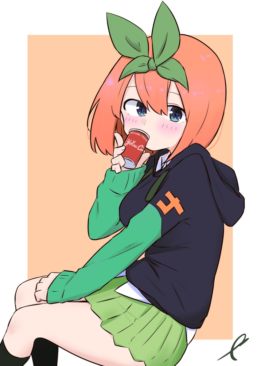 1girl bangs black_hoodie black_legwear blue_eyes blush breasts brown_background can collared_shirt commentary_request drawstring eyebrows_behind_hair feet_out_of_frame from_side go-toubun_no_hanayome green_ribbon green_skirt hair_between_eyes hair_ribbon hand_up highres holding holding_can hood hood_down hoodie kneehighs kujou_karasuma long_sleeves looking_at_viewer looking_to_the_side medium_breasts nakano_yotsuba orange_hair pleated_skirt ribbon shirt signature sitting skirt sleeves_past_wrists solo two-tone_background white_background white_shirt