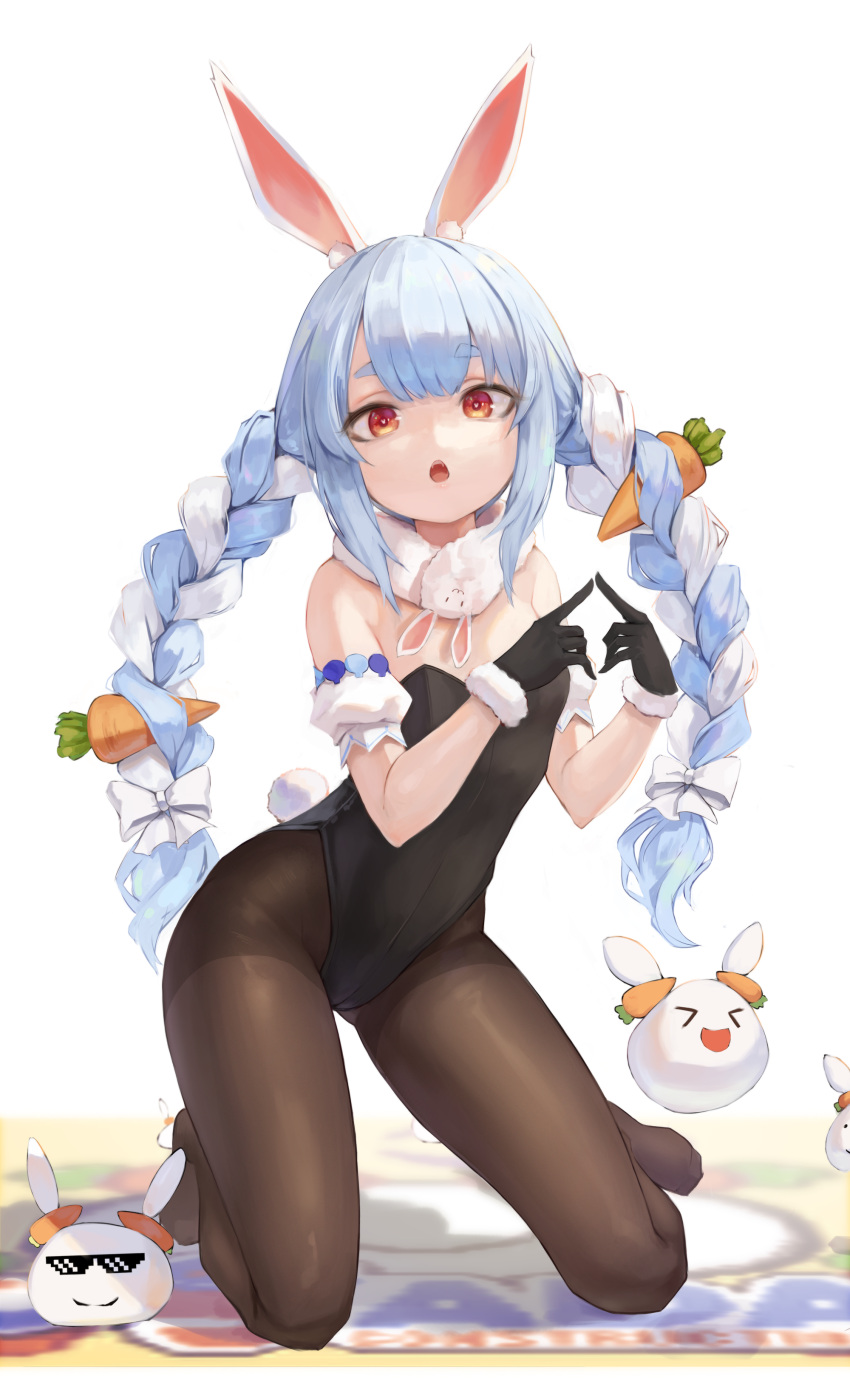 &gt;_&lt; 1girl :d absurdres animal_ear_fluff animal_ears bangs black_gloves black_leotard blue_hair bow braid brown_legwear bunny_tail carrot_hair_ornament commentary_request creature deal_with_it detached_sleeves don-chan_(usada_pekora) eyebrows_visible_through_hair food_themed_hair_ornament fur_scarf gloves hair_bow hair_ornament hands_up highres hiki_niito hololive index_fingers_together kneeling leotard long_hair looking_at_viewer multicolored_hair no_shoes nousagi_(usada_pekora) open_mouth orange_eyes pantyhose playboy_bunny rabbit rabbit_ears rabbit_girl scarf short_eyebrows short_sleeves smile strapless strapless_leotard tail thick_eyebrows twin_braids twintails two-tone_hair usada_pekora very_long_hair virtual_youtuber white_bow white_hair white_scarf xd