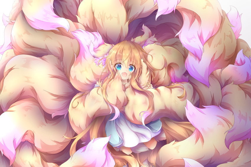 1girl :d absurdly_long_hair absurdres animal_ear_fluff animal_ears blue_eyes dress fang fluffy fox_ears fox_girl fox_tail full_body highres holding_own_tail huge_filesize light_brown_hair long_hair long_sleeves looking_at_viewer macaroni710 multicolored multicolored_tail open_mouth original pink_tail skin_fang smile tail too_much_fluff very_long_hair