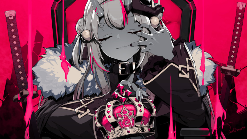 1girl bangs barbed_wire black_collar black_nails chair closed_eyes coat collar crown crown_removed eyebrows_visible_through_hair facing_viewer finger_to_mouth fingernails fur-trimmed_coat fur_trim highres holding holding_crown hololive horns katana king_(vocaloid) nail_polish nakiri_ayame official_art oni_horns oni_mask oshiruko_(oshiruco_212048) pink_background pink_theme smile solo straight-on sword throne virtual_youtuber weapon