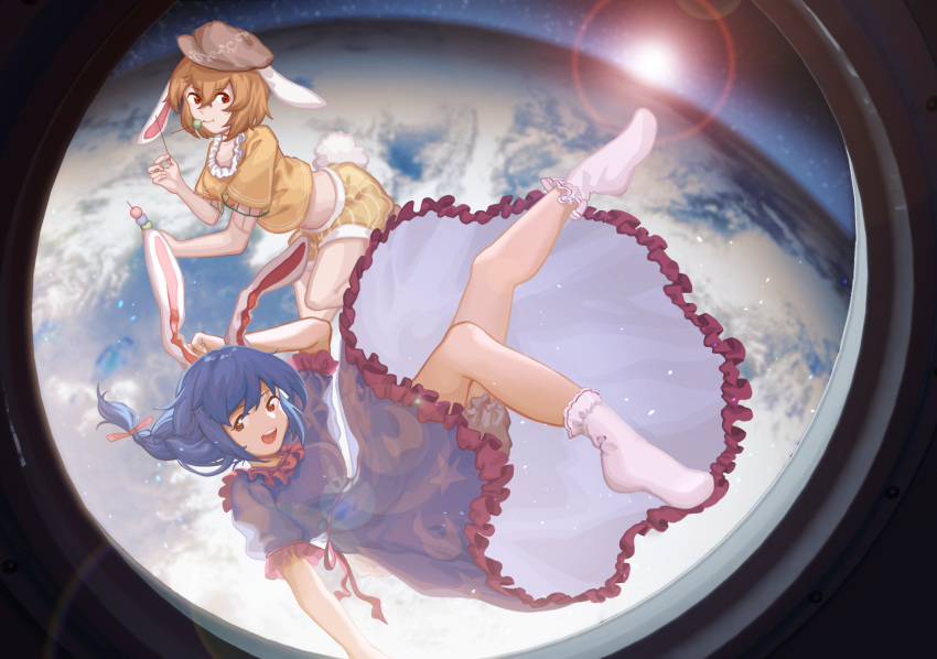 2girls :d animal_ears ankle_socks blonde_hair bloomers blue_dress blue_hair braid braided_ponytail brown_headwear bunny_tail chinese_commentary commentary_request crop_top dango dress earth_(planet) eating flat_cap floating food furahata_gen hair_between_eyes hat highres holding holding_food leg_lift lens_flare looking_at_viewer multiple_girls open_mouth planet puffy_short_sleeves puffy_shorts puffy_sleeves rabbit_ears red_eyes ringo_(touhou) sanshoku_dango seiran_(touhou) shirt short_hair short_sleeves shorts smile space sun tail touhou underwear wagashi white_legwear window yellow_shirt yellow_shorts
