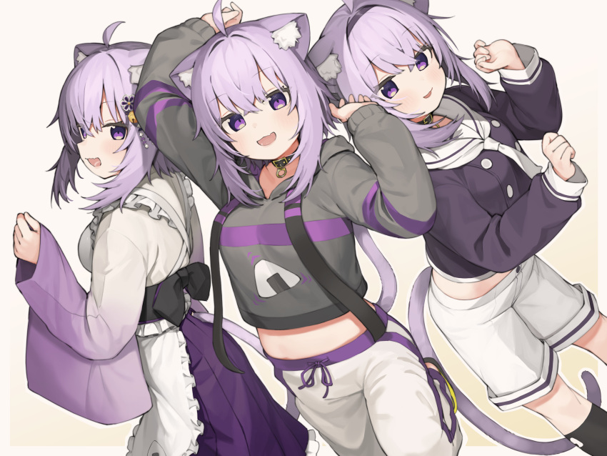 3girls ahoge animal_collar animal_ear_fluff animal_ears apron bangs black_hoodie black_shirt blue_hair blush cat_ears cat_girl cat_tail collar cowboy_shot crop_top crossed_bangs dress eyebrows_visible_through_hair fang frills hair_between_eyes hair_ornament hairband hands_up highres hololive hood hoodie long_sleeves looking_at_viewer looking_to_the_side medium_hair messy_hair midriff multiple_girls multiple_persona necktie nekomata_okayu onigiri_print open_mouth pants sailor_collar seramikku shirt shorts sidelocks skin_fang smile standing tail violet_eyes virtual_youtuber white_background white_neckwear white_pants white_shorts wide_sleeves