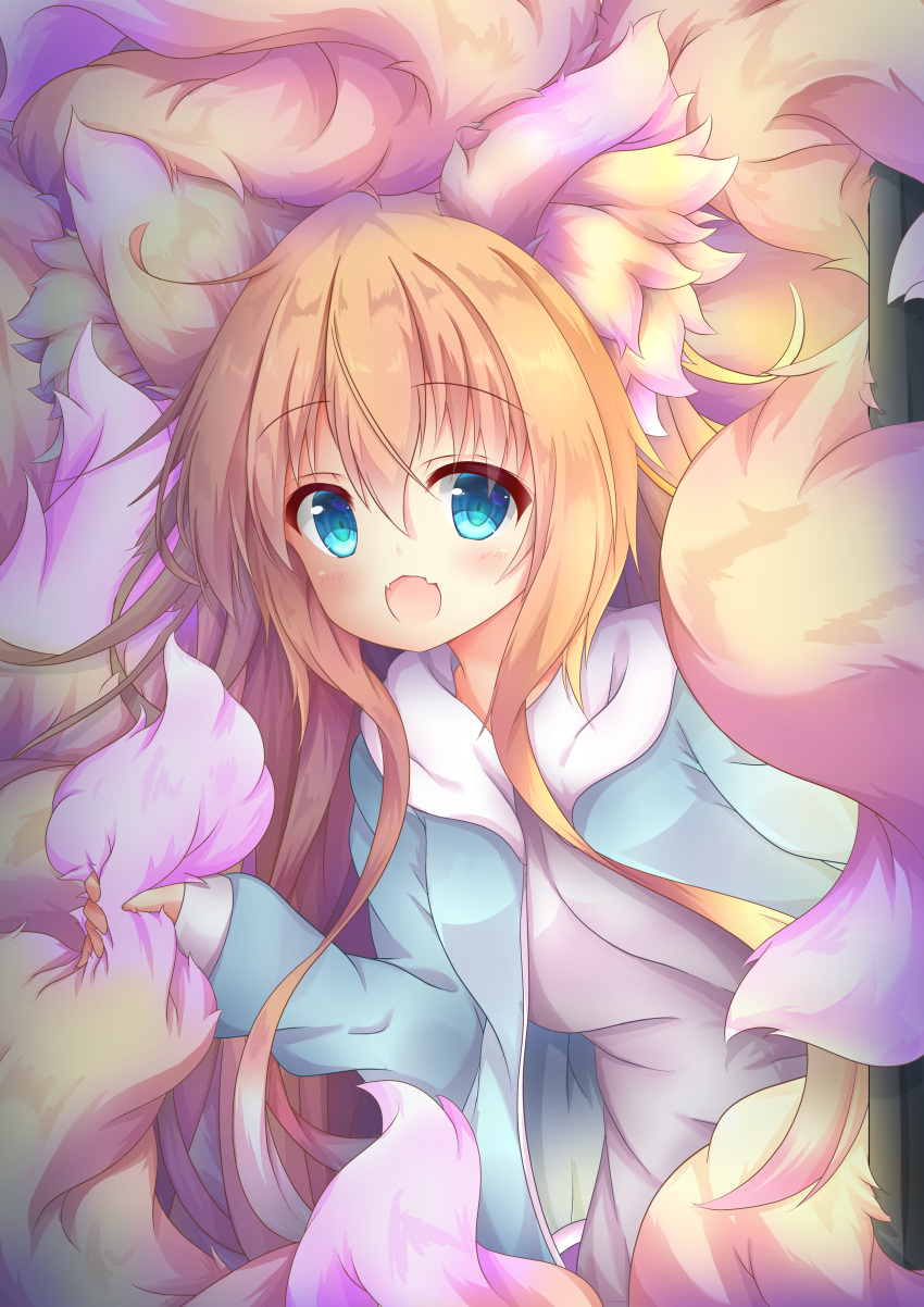 1girl :d absurdres animal_ear_fluff animal_ears blue_eyes fangs fluffy fox_ears fox_girl fox_tail highres holding_own_tail hood hood_down hoodie long_hair macaroni710 multicolored multicolored_tail open_clothes open_hoodie open_mouth orange_hair original pink_tail skin_fangs smile tail