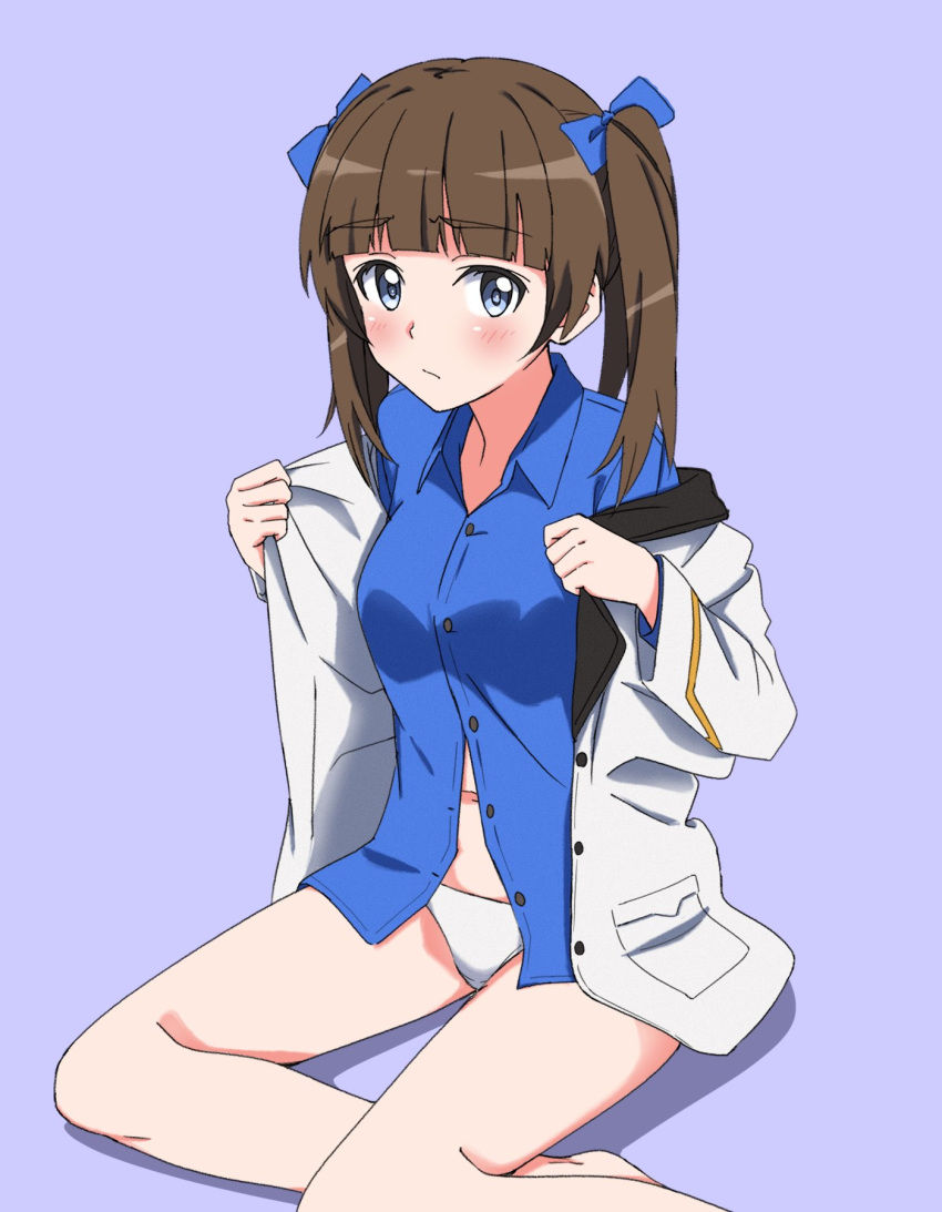 1girl bad_id bad_twitter_id bangs blue_eyes blue_ribbon blue_shirt blunt_bangs blush brave_witches brown_hair closed_mouth commentary dress_shirt eyebrows_visible_through_hair frown georgette_lemare hair_ribbon highres jacket jacket_pull looking_at_viewer medium_hair military military_uniform navel no_pants open_clothes open_jacket panties partially_unbuttoned purple_background ribbon shirt sitting solo tomitsuka twintails underwear uniform white_jacket white_panties wing_collar world_witches_series yokozuwari