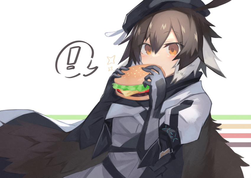 ! 1girl ahoge arknights beret black_gloves black_headwear brown_hair burger cloak commentary_request cowboy_shot eating eyebrows_visible_through_hair feathers food gloves hat holding holding_food infection_monitor_(arknights) looking_at_viewer multicolored_hair plume_(arknights) sasa_onigiri short_hair simple_background solo sparkle spoken_exclamation_mark two-tone_hair white_background white_hair yellow_eyes