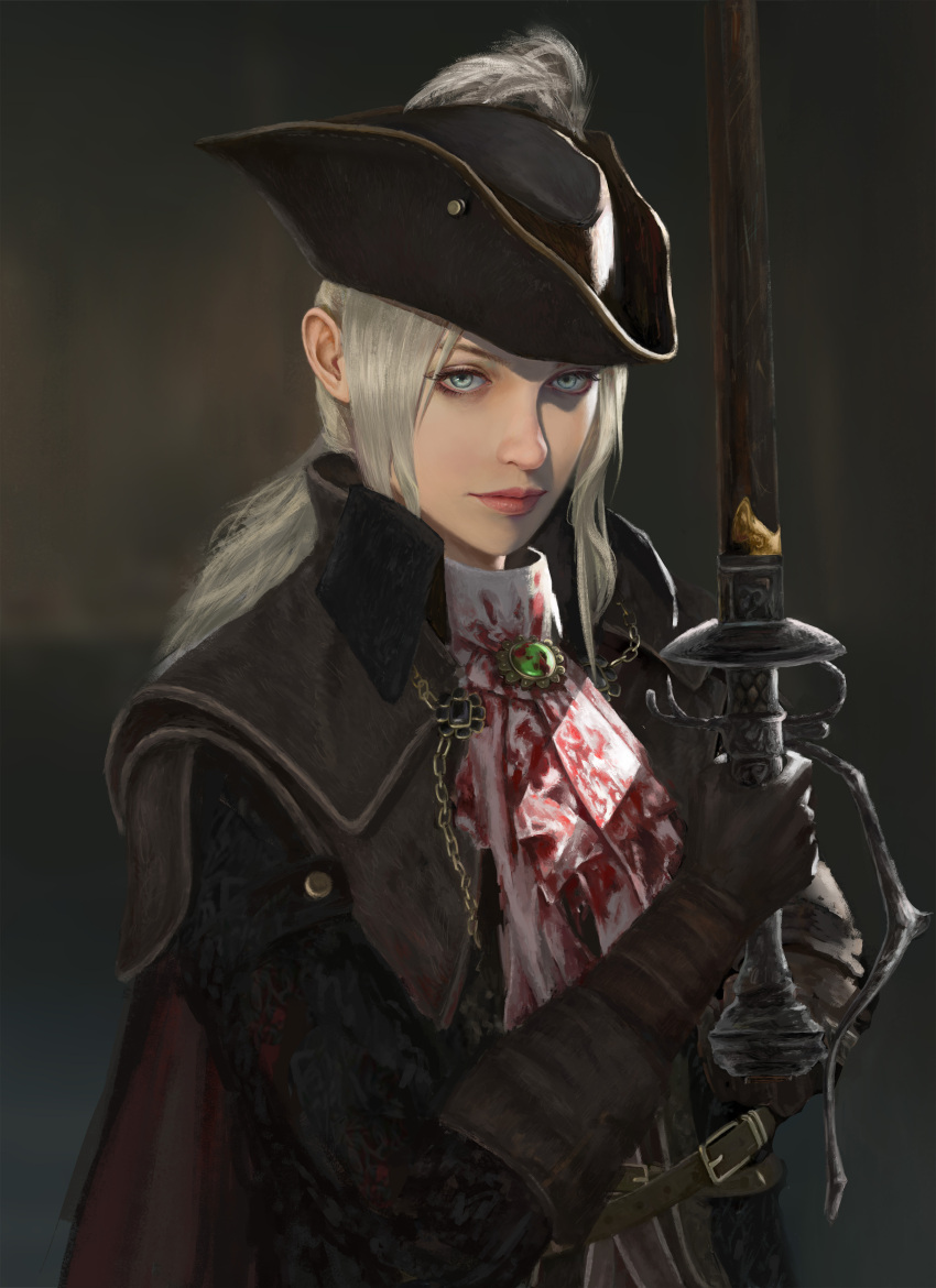 1girl absurdres artist_name:synrkqi-_z artist_request ascot bangs belt black_coat blood bloodborne cape capelet chain closed_mouth coat collared_coat copyright_request cravat dark_background ears eyebrows eyelashes gem gloves grey_eyes hat hat_feather highres hilt holding holding_weapon jewelry lady_maria_of_the_astral_clocktower long_hair looking_at_viewer ornate_armor ornate_clothes ornate_weapon pale_skin ponytail rakuyo_(bloodborne) shoulder_pads silver_hair simple_background smile solo straight_hair sword tricorne upper_body weapon