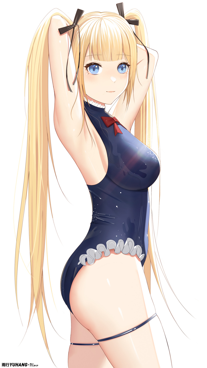 1girl absurdres adapted_costume azur_lane blonde_hair blue_eyes blue_swimsuit casual_one-piece_swimsuit chinese_commentary commentary_request dead_or_alive dead_or_alive_5 frilled_swimsuit frills highres long_hair marie_rose marie_rose_(devilish_servant_against_the_splashing_waves) one-piece_swimsuit simple_background solo swimsuit twintails white_background yuxing_yuhang
