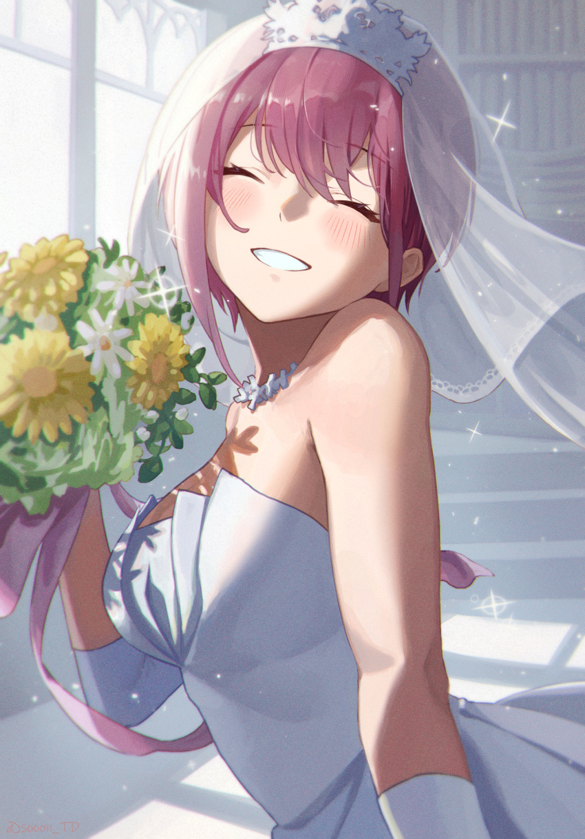 1girl ^_^ bare_shoulders blush bouquet breasts bridal_veil closed_eyes dress facing_viewer flower go-toubun_no_hanayome grin highres holding holding_bouquet indoors medium_breasts nakano_ichika parted_lips pink_hair see-through short_hair signature smile solo sooon sparkle strapless strapless_dress teeth upper_body veil wedding_dress white_dress