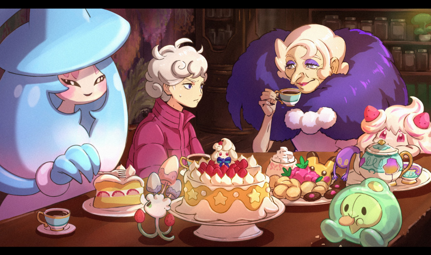 1boy 1girl ahoge alcremie alcremie_(strawberry_sweet) bangs bede_(pokemon) cake closed_mouth coat commentary_request cup curly_hair dress duosion eye_contact eyeshadow food fruit gen_5_pokemon gen_7_pokemon gen_8_pokemon gym_leader hat hatterene holding holding_cup indoors looking_at_another makeup misica morelull old old_woman opal_(pokemon) plate pokemon pokemon_(creature) pokemon_(game) pokemon_swsh popped_collar purple_coat purple_eyeshadow purple_scarf scarf short_hair sinistea smile strawberry sweatdrop table white_hair