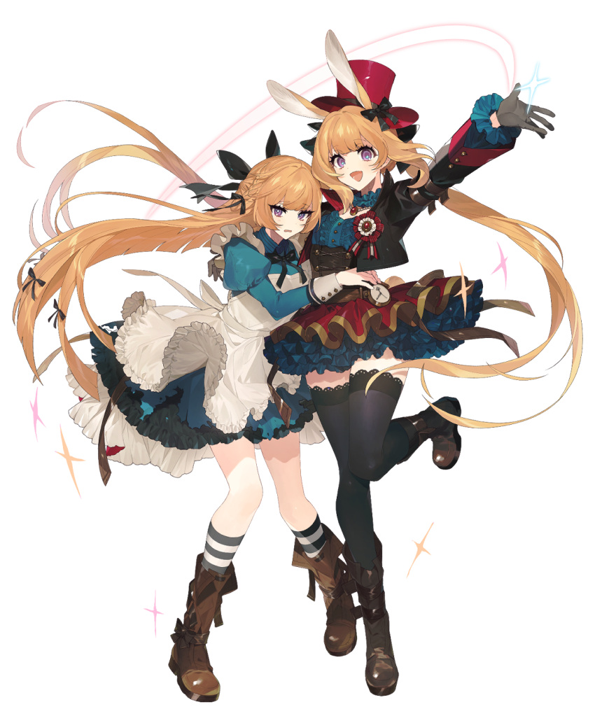 2girls animal_ears apron arm_up ash_arms bangs black_legwear black_ribbon blue_dress boots brown_footwear character_request dress frilled_apron frills gloves grey_gloves hair_ribbon hat highres juliet_sleeves knee_boots long_sleeves lunch_(lunchicken) multiple_girls open_mouth puffy_sleeves rabbit_ears red_headwear ribbon simple_background smile socks striped striped_legwear thigh-highs top_hat violet_eyes white_background