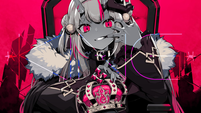 1girl bangs barbed_wire black_collar black_nails chair coat collar commentary_request crown crown_removed english_text eyebrows_visible_through_hair finger_to_mouth fingernails fur-trimmed_coat fur_trim grin highres holding holding_crown hololive horns king_(vocaloid) looking_at_viewer nail_polish nakiri_ayame official_art oni_horns oni_mask oshiruko_(oshiruco_212048) red_background red_eyes red_theme second-party_source smile solo song_name straight-on teeth throne virtual_youtuber
