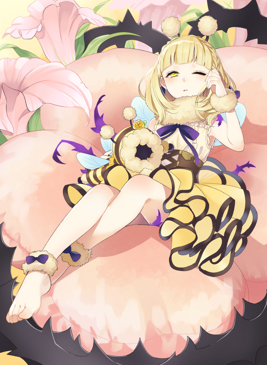 1girl antennae bangs barefoot bee blonde_hair blush bow braid briar_rose_(sinoalice) bug doll flower fur_collar fur_trim hairband highres insect one_eye_closed open_mouth pink_flower short_hair sinoalice solo thorns tired wings yellow_eyes yuna726