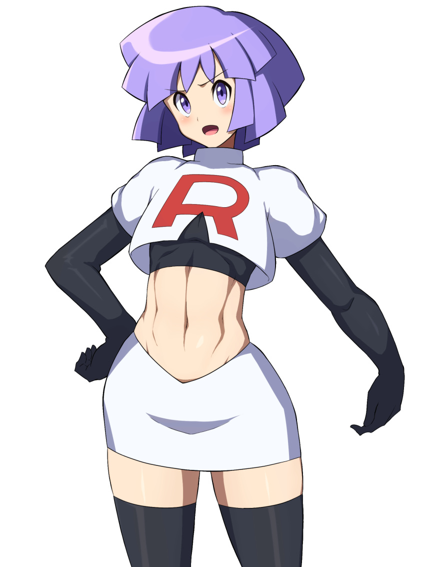 1boy absurdres bangs black_legwear blush bugsy_(pokemon) clothes_writing commentary_request cosplay cowboy_shot crop_top crossdressinging elbow_gloves eyebrows_visible_through_hair gloves groin gym_leader hand_on_hip highres jessie_(pokemon) jessie_(pokemon)_(cosplay) ko_ban98 looking_at_viewer male_focus midriff navel open_mouth pencil_skirt pokemon pokemon_(anime) pokemon_(game) pokemon_hgss purple_hair shirt short_hair short_sleeves sidelocks simple_background single_letter skindentation skirt solo standing team_rocket_uniform thigh-highs toned toned_male undershirt violet_eyes white_background white_shirt white_skirt zettai_ryouiki