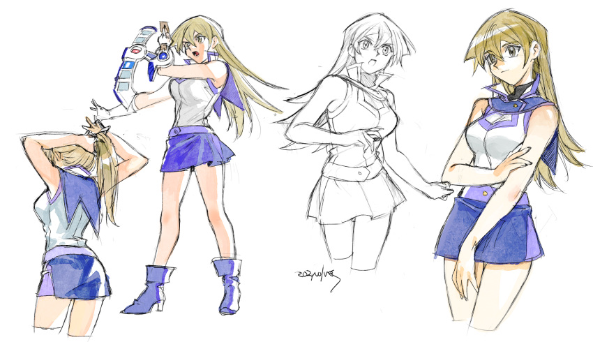 1girl 203wolves ankle_boots artist_name bangs bare_arms bare_shoulders belt blonde_hair blue_skirt boots breasts buttons card closed_mouth duel_academy_uniform_(yu-gi-oh!_gx) duel_disk full_body high_heel_boots high_heels highres holding lineart long_hair looking_away medium_breasts miniskirt multiple_views open_mouth signature simple_background skirt sleeveless tenjouin_asuka tied_hair turtleneck yellow_eyes yuu-gi-ou yuu-gi-ou_arc-v
