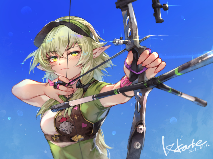 1girl absurdres archery arrow_(projectile) blush bow_(weapon) compound_bow elf gloves goblin_slayer! green_eyes green_hair high_elf_archer_(goblin_slayer!) highres holding holding_arrow holding_bow_(weapon) holding_weapon long_hair looking_at_viewer lxkate muneate partially_fingerless_gloves pointy_ears ponytail shiny shiny_hair shiny_skin sidelocks smile visor_cap weapon yugake