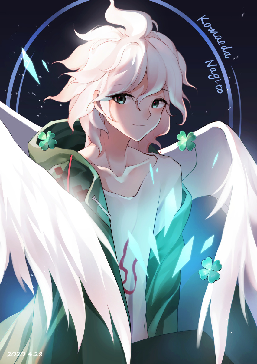 1boy absurdres ahoge angel_wings bangs blush brown_eyes character_name clover coat collarbone dangan_ronpa_(series) dangan_ronpa_2:_goodbye_despair four-leaf_clover green_coat highres hooded_coat komaeda_nagito lao_yuzi male_focus messy_hair off_shoulder print_shirt shirt smile solo white_hair white_shirt wings