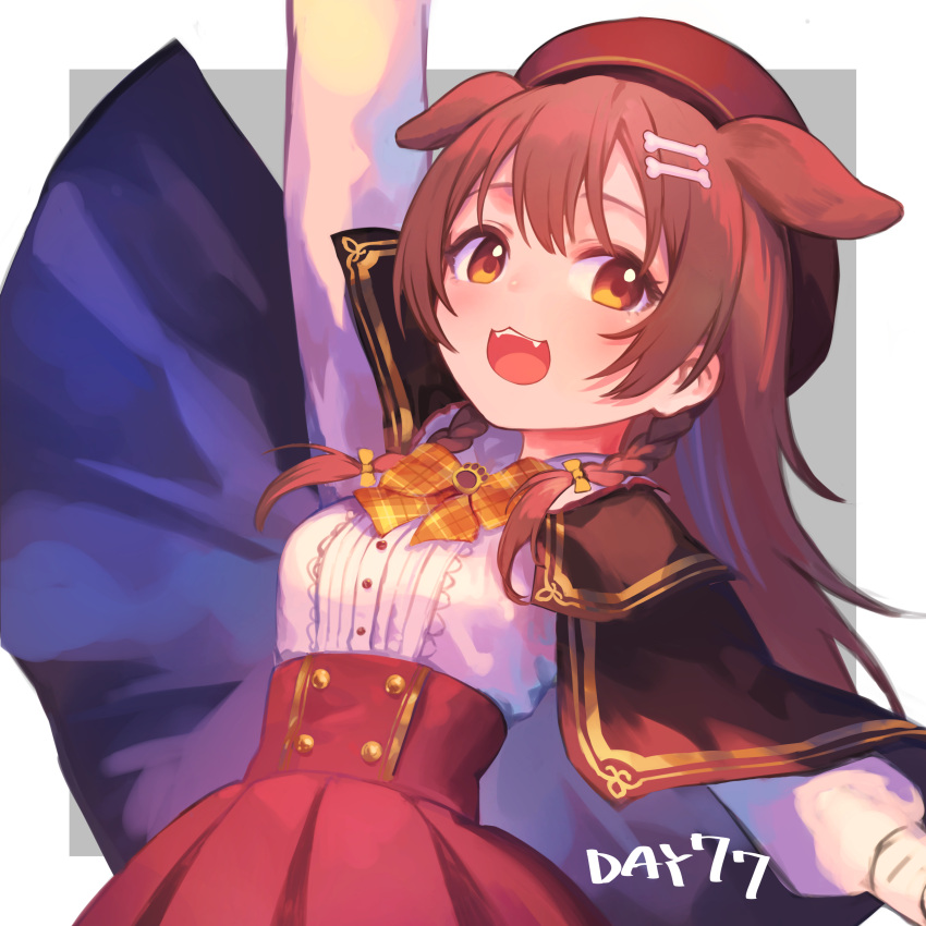 1girl :3 :d absurdres animal_ears arm_up bangs bone_hair_ornament bow bowtie braid brown_cape brown_eyes brown_hair buttons cape center_frills dog_ears fangs frills hair_between_eyes hair_ornament hairclip hatomugi_seika high-waist_skirt highres hololive inugami_korone long_hair looking_at_viewer open_mouth red_skirt shirt side_braids skirt smile solo twin_braids virtual_youtuber white_shirt yellow_neckwear