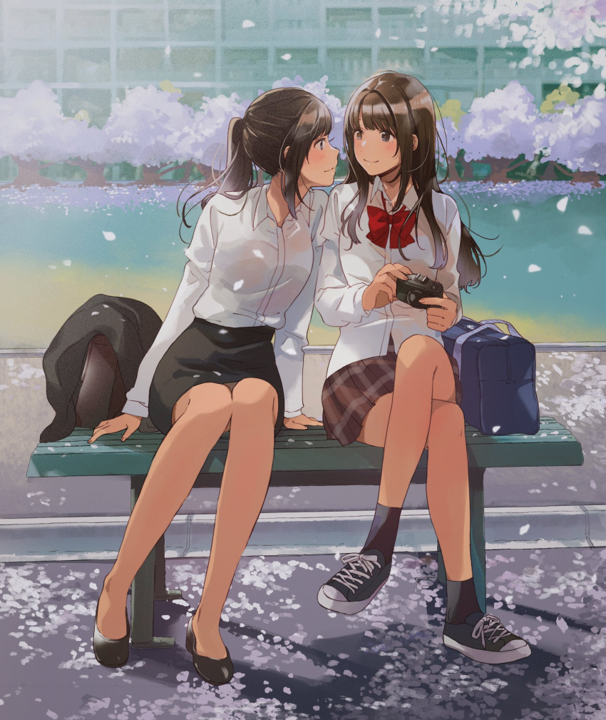 2girls bag bench black_footwear black_legwear black_skirt blush bow bowtie brown_eyes brown_hair building camera cherry_blossoms closed_mouth collared_shirt flats flower fly_(marguerite) highres holding holding_camera jacket long_hair long_sleeves looking_at_another multiple_girls office_lady original pencil_skirt petals pink_flower plaid plaid_skirt pleated_skirt ponytail red_bow red_neckwear red_skirt school_bag shirt shoes sitting skirt smile socks tree white_shirt yuri