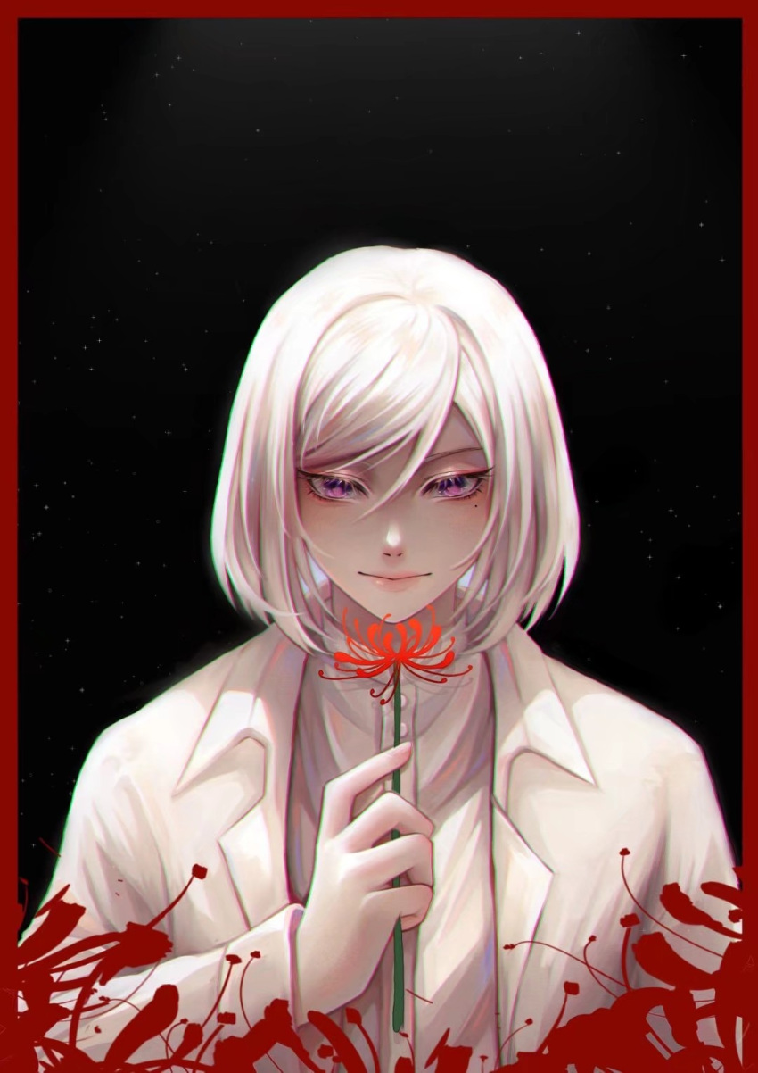 1boy akudama_drive bangs black_background border cutthroat_(akudama_drive) flower gradient gradient_background hair_between_eyes hand_up highres jacket lanying-yixuan long_sleeves mole mole_under_eye red_border red_flower shiny shiny_hair shirt short_hair smile solo upper_body violet_eyes white_hair white_jacket white_shirt