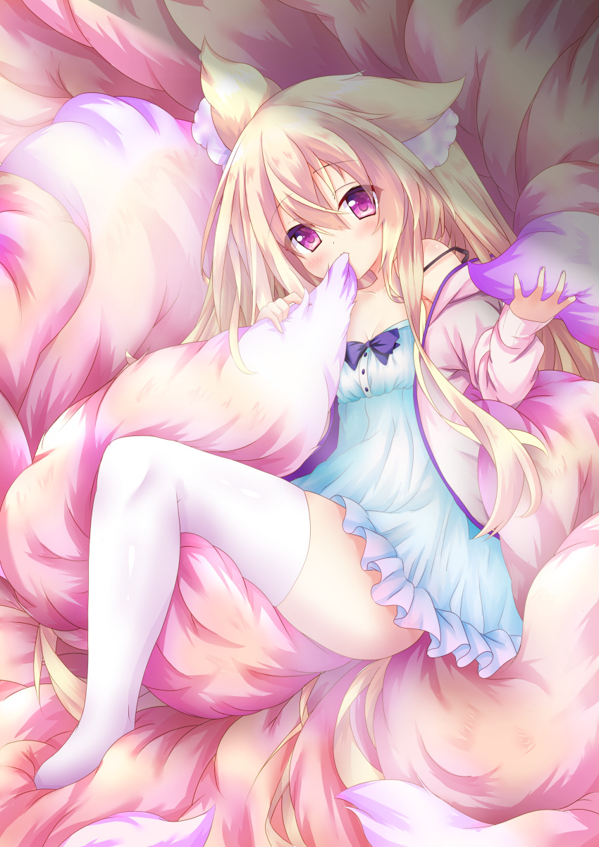 1girl absurdres animal_ear_fluff animal_ears biting blonde_hair fox_ears fox_girl fox_tail full_body highres holding_own_tail long_hair macaroni710 multicolored multicolored_tail nightgown original pink_tail strap_slip tail tail_biting tail_in_mputh thigh-highs too_much_fluff white_legwear zettai_ryouiki
