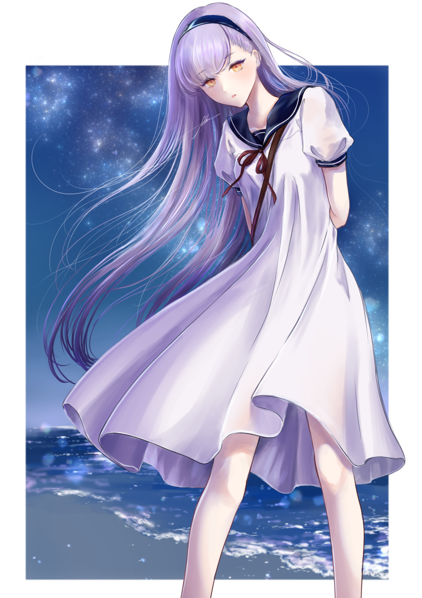 1girl absurdres ak-alfa_(girls_frontline) cosplay_request dress filha girls_frontline gunslinger_girl headband highres long_hair orange_eyes sailor_collar sailor_dress see-through silver_hair solo very_long_hair