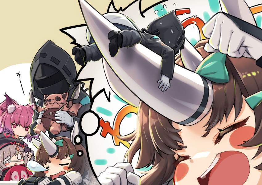 1other 3girls ambiguous_gender animal_ear_fluff animal_ears arknights bangs black_headwear black_jacket blush_stickers brown_hair bubble_(arknights) closed_eyes commentary_request doctor_(arknights) dreaming eyepatch fox_ears fox_girl giant giantess gloves hat holding holding_stuffed_toy hood hood_up hooded_jacket horns jacket long_sleeves mitake_eil multiple_girls nose_bubble open_mouth popukar_(arknights) purple_hair rhinoceros_ears rhinoceros_girl shamare_(arknights) short_hair single_horn sleeping smile stuffed_toy stuffed_wolf thought_bubble violet_eyes white_gloves